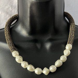Chunky faux pearl and stacked bronze filigree necklace by Coldwater Creek